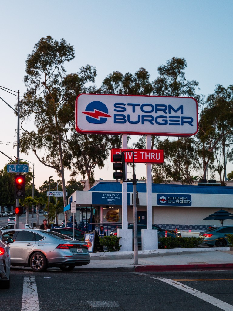 StormBurger Inglewood smash burger restaurant storefront and pole sign on La Brea Avenue